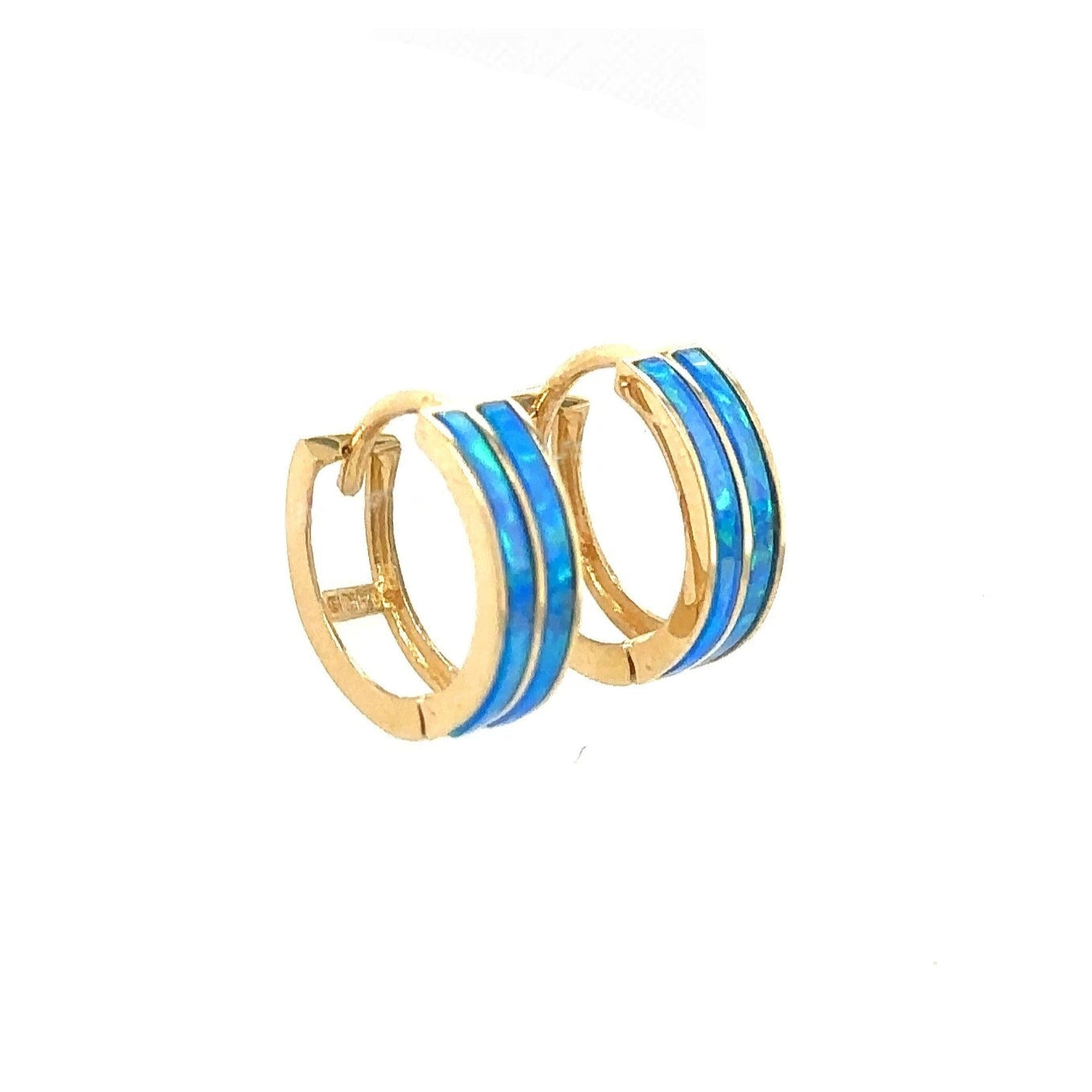 14k Yellow Gold Double Row Dark Blue Opal Huggie Hoop Earrings