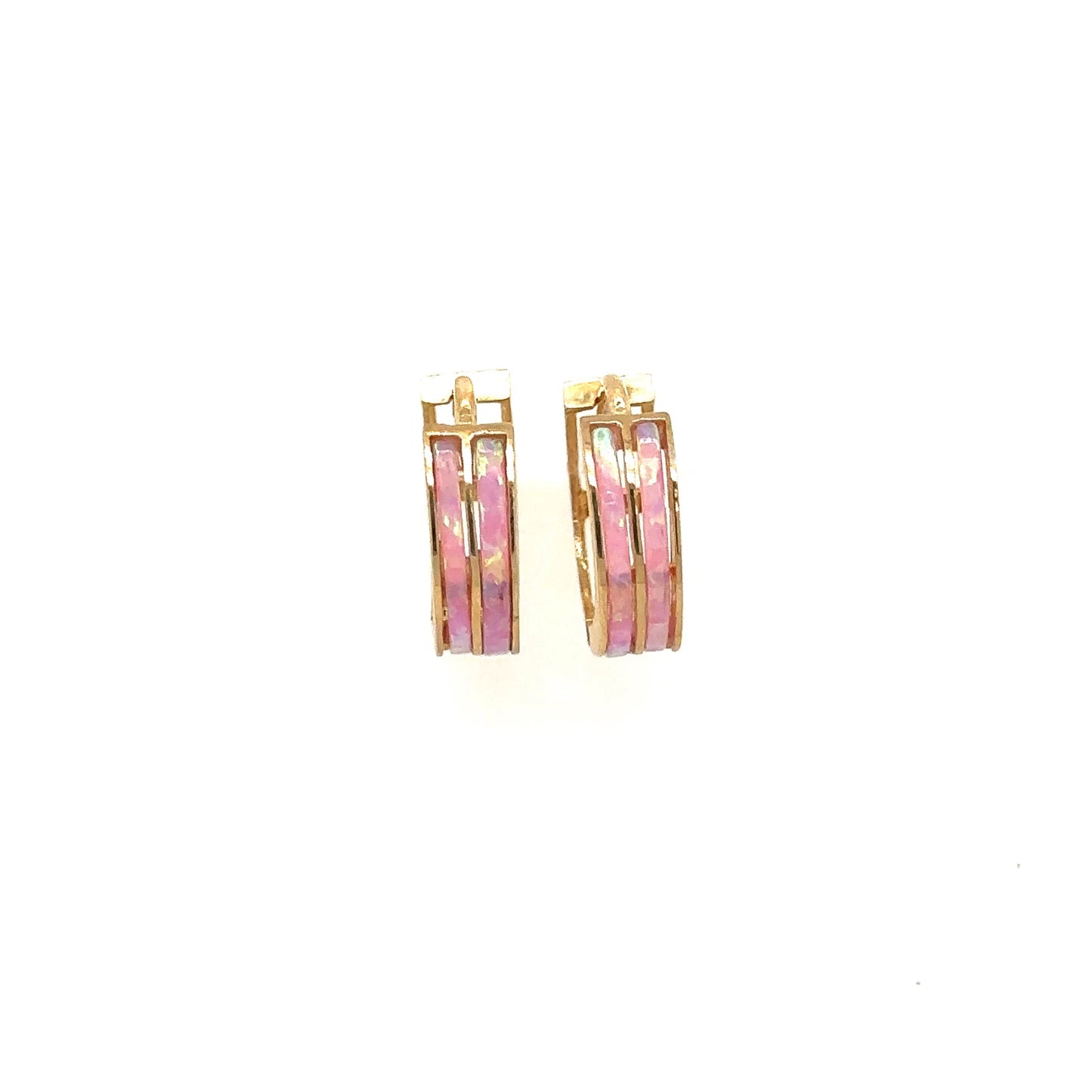 14k Yellow Gold Double Row Light Pink Opal Huggie Hoop Earrings