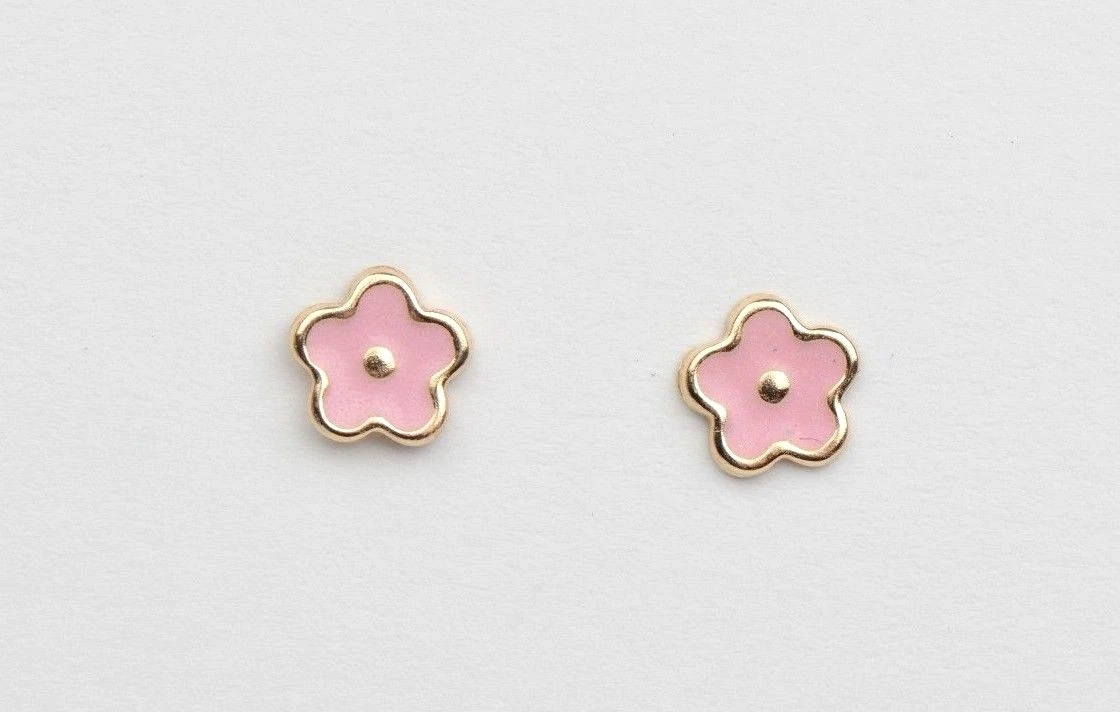 14k Yellow Gold Enamel Flower Screw Back Baby earrings