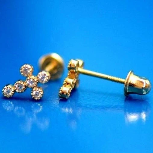 Gold Cross 14k Earrings Yellow or White Cz Stud White Cubic Zirconia Solid