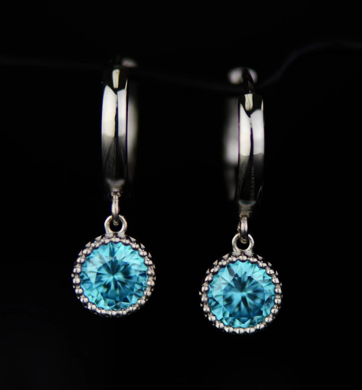 14k White Gold Dangle Round Birthstone Huggie Earrings