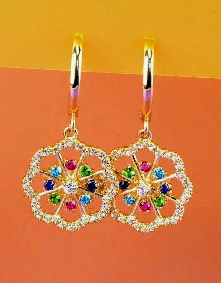 14k Yellow White Gold Dangle CZ Flower Huggie Earrings