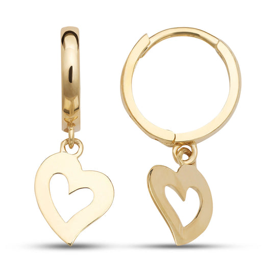 14k Yellow / White Gold Dangle Open Heart Huggie Earrings