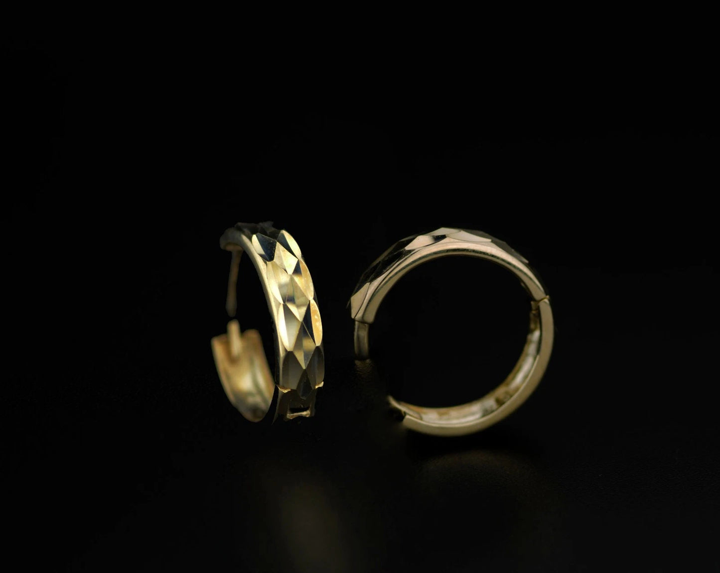 14k Yellow and White Gold Diamond Cut Huggie Hoop Earrings
