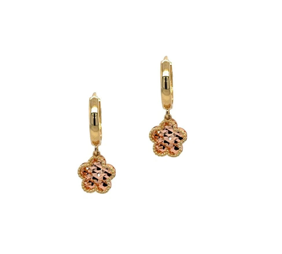 14k Yellow and Rose Gold Dangle Flower Hoop Huggie Earrings