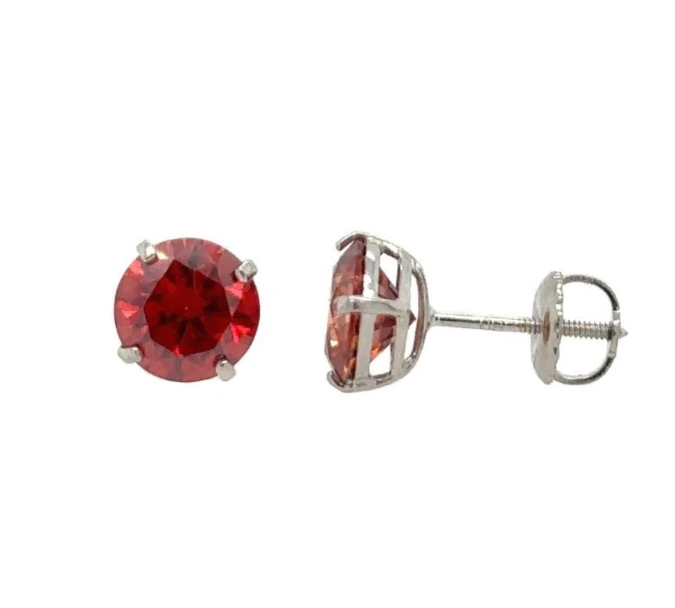 14K Gold GRA Certified D-VVS1 Round Garnet Moissanite Back Screw Studs Earrings