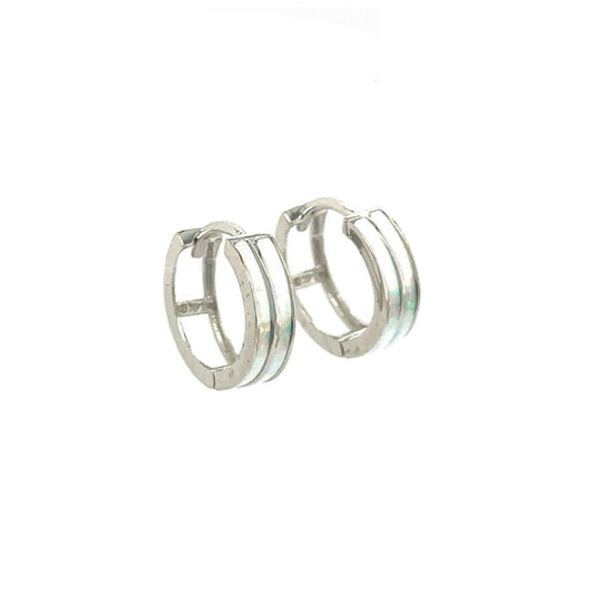 14k White Gold Double Row White Opal Huggie Hoop Earrings