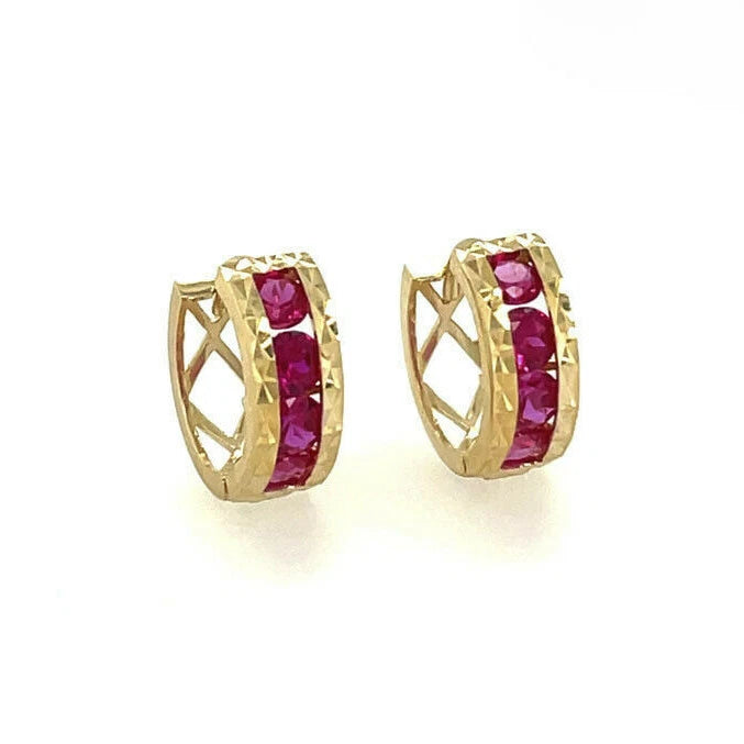 14k Yellow Gold Diamond Cut with Ruby CZ Huggie Earrings