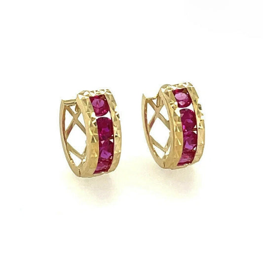 14k Yellow Gold Diamond Cut with Ruby CZ Huggie Earrings