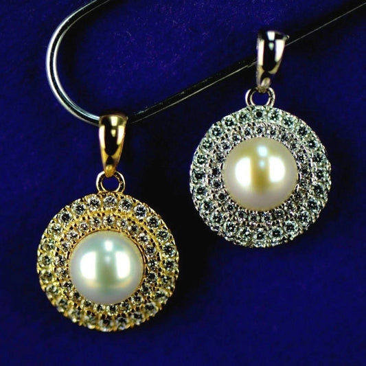 14K Yellow or White Gold Round Genuine Pearl CZ Pendant