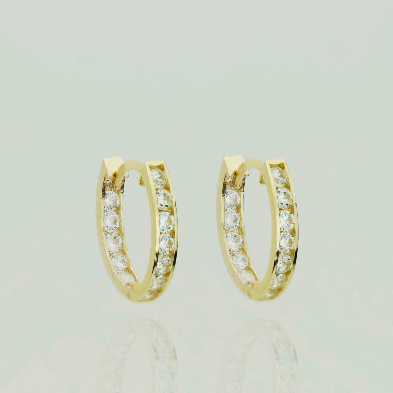 14k Yellow and White Gold Oval CZ Huggie Hoop Earrings