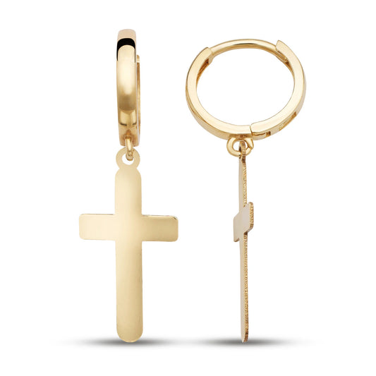 14k Yellow / White Gold Dangle Cross Hamsa Huggie Earrings