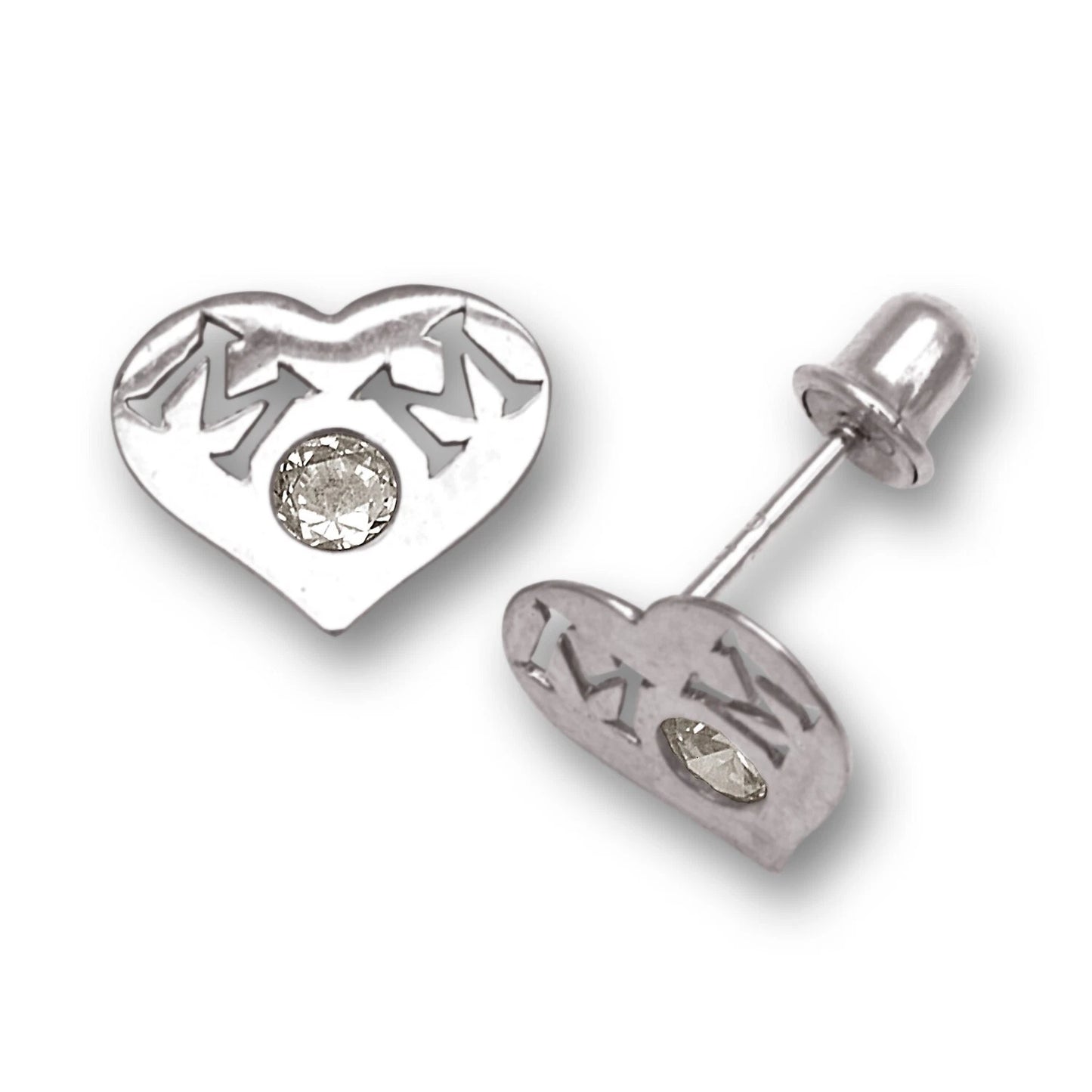 14k Yellow & White Gold Mom Heart Shape with CZ Screw Back Earrings for Women