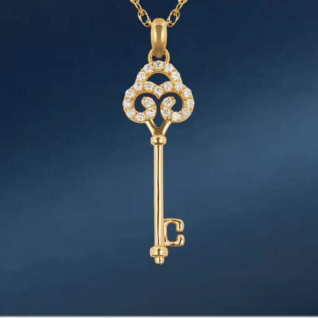 14K Yellow & White Gold Solid Elegant Key Pendant For Women