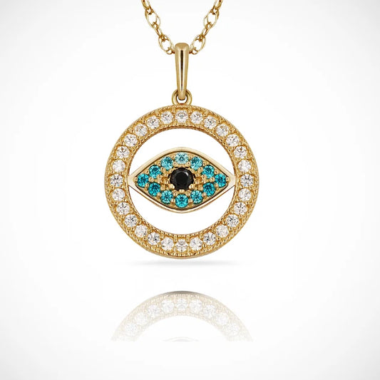 14k Yellow Gold & White Gold CZ Round Evil Eye Pendant For Women