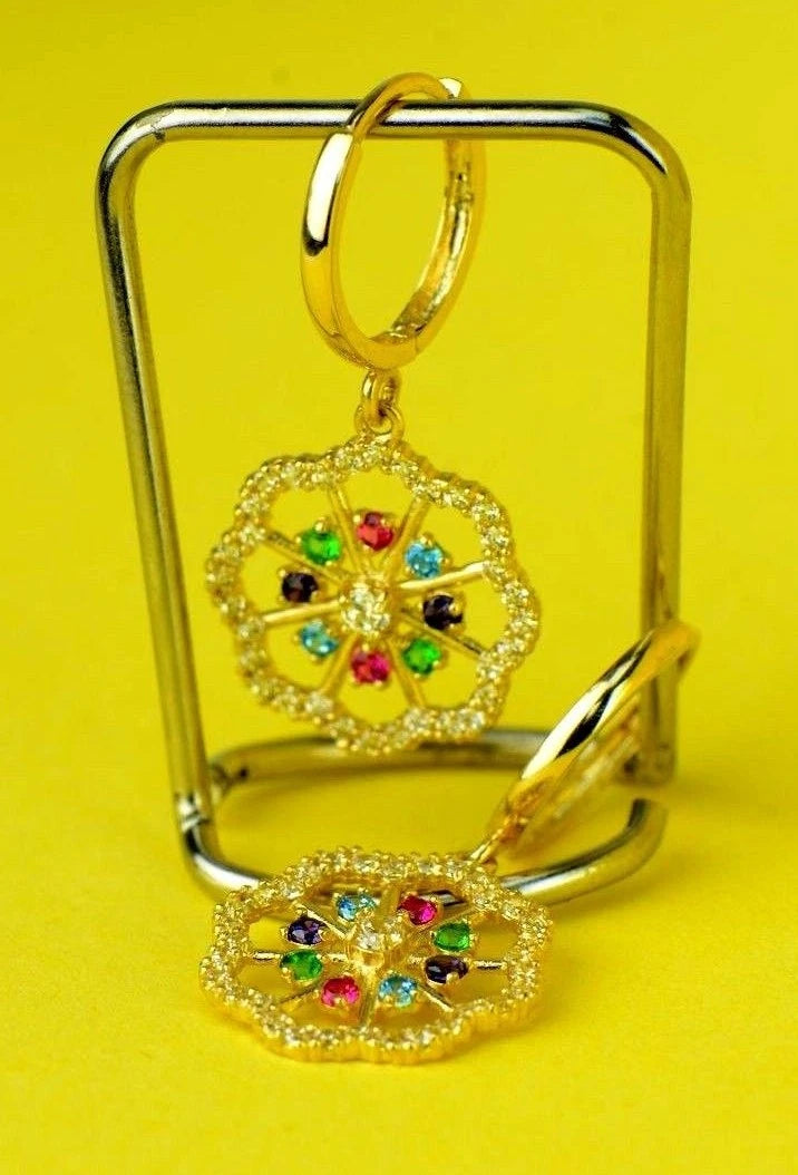 14k Yellow White Gold Dangle CZ Flower Huggie Earrings