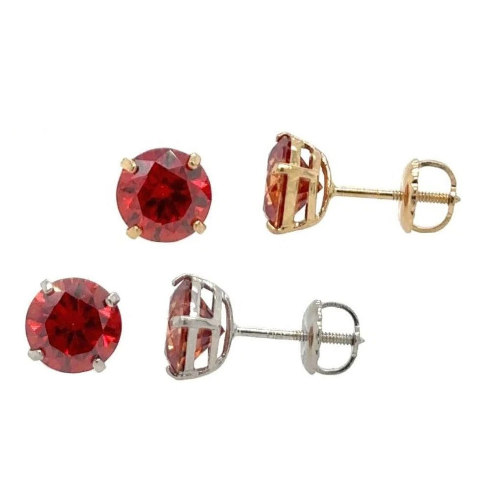 14K Gold GRA Certified D-VVS1 Round Garnet Moissanite Back Screw Studs Earrings