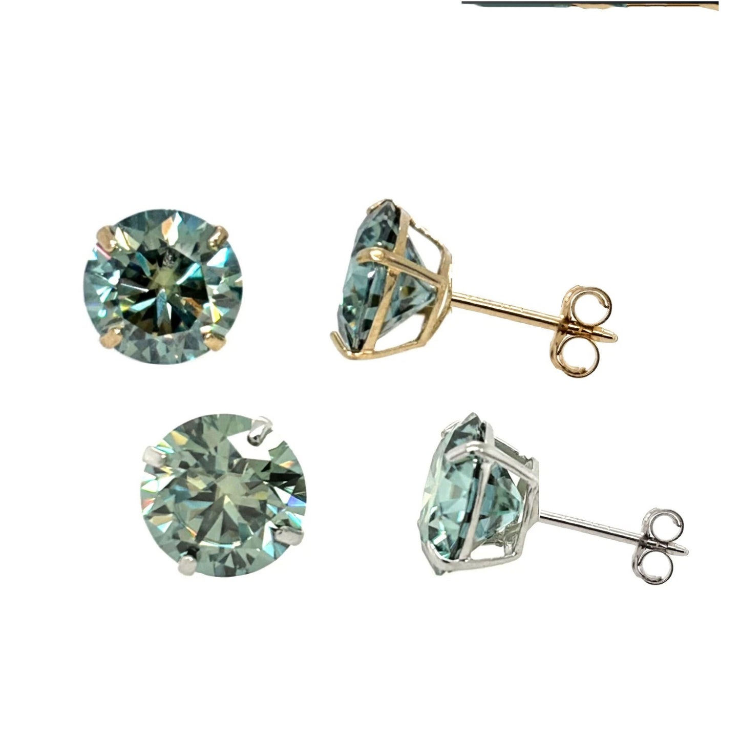 14K Gold GRA Certified D-VVS1 Round Green Moissanite Push Back Studs Earrings