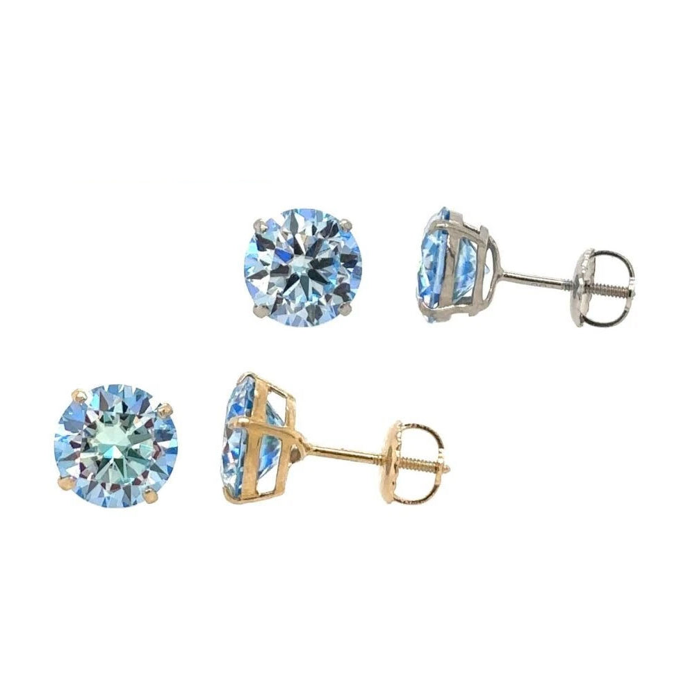 Gold 14K GRA Certified D-VVS1 Ocean Blue Moissanite Screw Back Studs Earrings