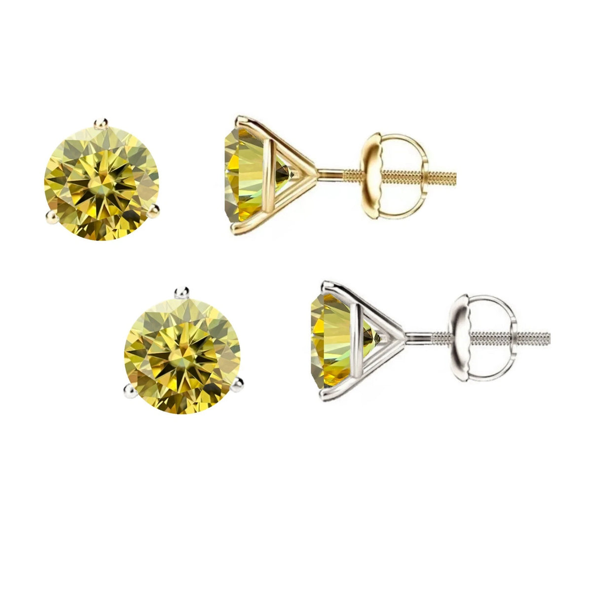 14K Gold GRA CertifiedD-VVS1 Lemon Yellow Moissanite Screw Back Stud Earrings