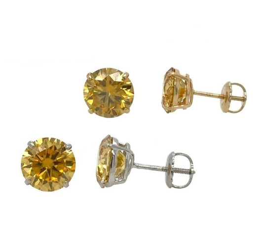 14K Gold Certified GRA D-VVS1 Round Yellow Moissanite Screw Back Studs Earrings