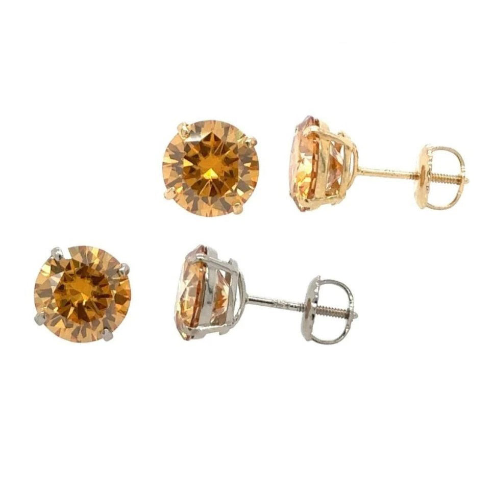 14K Gold GRA Certified D-VVS1 Round Champagne Moissanite Screw Back Studs Earrings