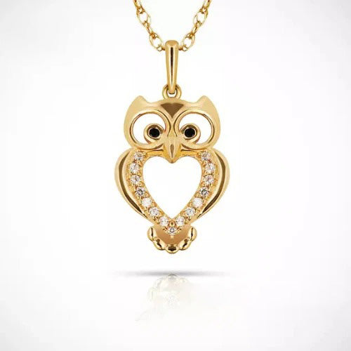 14k Yellow & White Gold CZ OWL Pendant For Women Jewelry