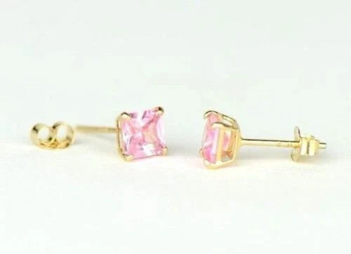 14k Yellow Gold Solid Square Princess Cut Birthstone 4MM CZ Stud Earrings