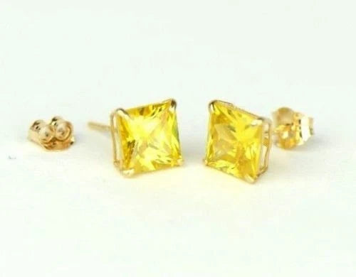 14k Yellow Gold Solid Square Princess Cut Birthstone 6MM CZ Stud Earrings
