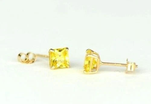 14k Yellow Gold Solid Square Princess Cut Birthstone 4MM CZ Stud Earrings