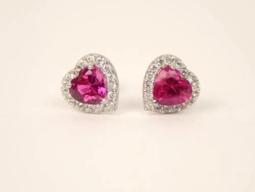 14K White Gold Halo Heart CZ Stud Earrings Screw Back