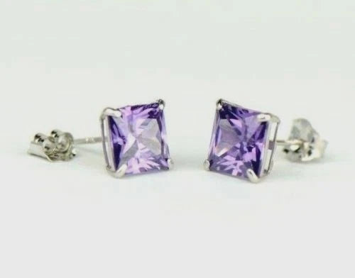 14k White Gold Solid Square Princess Cut Birthstone 6MM CZ Stud Earrings