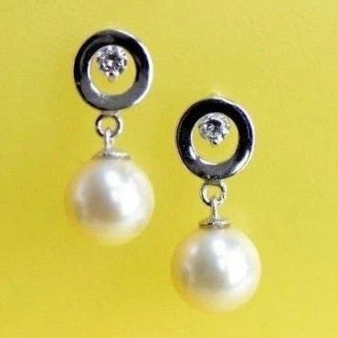 14K Yellow and White Gold Genuine Pearl CZ Stud Earring
