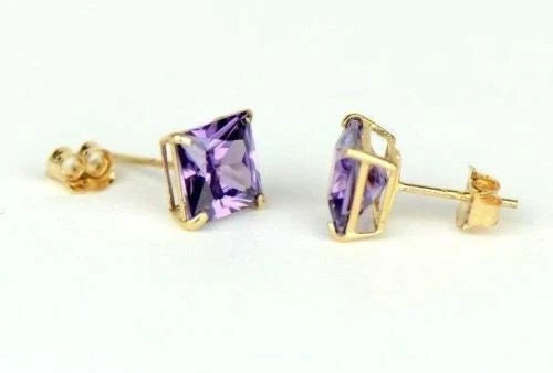 14k Yellow Gold Solid Square Princess Cut Birthstone 6MM CZ Stud Earrings