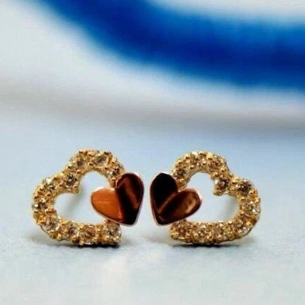 14K White or Yellow Gold Double Heart Shape CZ Stud Earrings