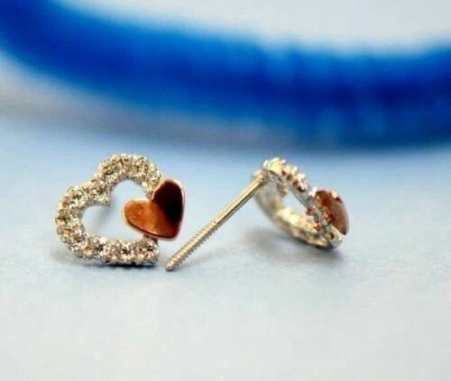 14K White or Yellow Gold Double Heart Shape CZ Stud Earrings