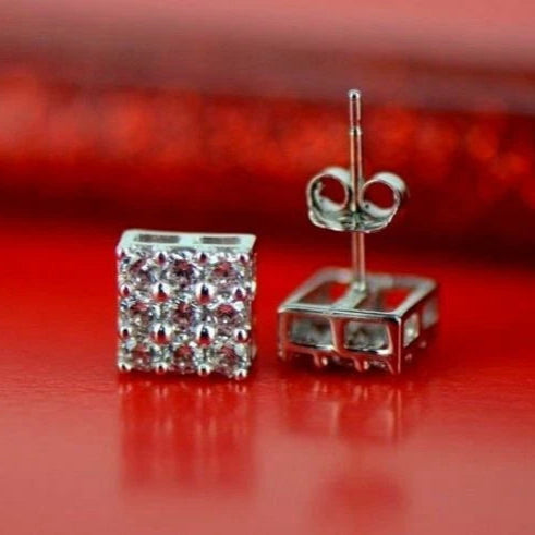 14K Yellow or White Gold Fancy Square Design CZ Stud Earrings