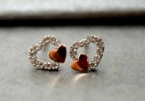14K White or Yellow Gold Double Heart Shape CZ Stud Earrings