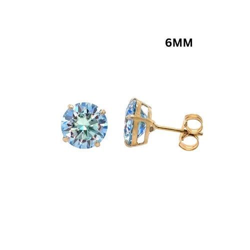 14K Gold GRA Certified D-VVS1 Round Ocean Blue Moissanite PushBack Stud Earrings