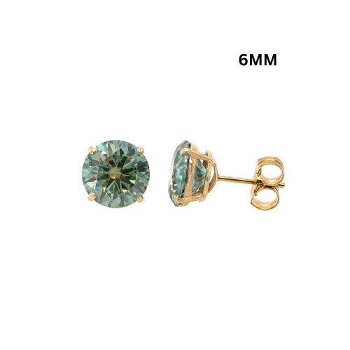 14K Gold GRA Certified D-VVS1 Round Green Moissanite PushBack Studs Earrings