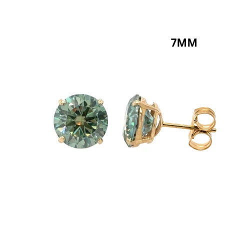 14K Gold GRA Certified D-VVS1 Round Green Moissanite PushBack Studs Earrings