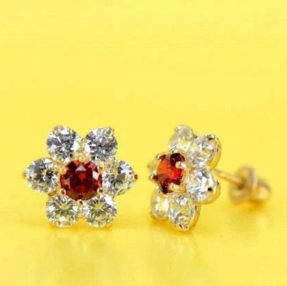 14k White Gold Flower Stud CZ Earrings screw back