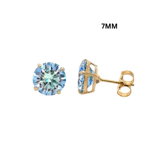 14K Gold GRA Certified D-VVS1 Round Ocean Blue Moissanite PushBack Stud Earrings
