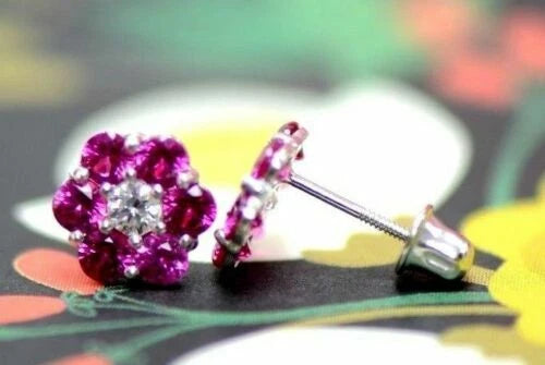 14k White Gold Flower Stud Earrings with Screw Back