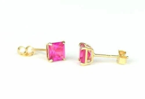 14k Yellow Gold Solid Square Princess Cut Birthstone 4MM CZ Stud Earrings