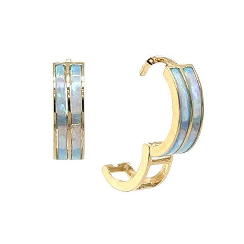 14k Yellow/White Gold Double Row Light Blue Opal Huggie Hoop Earrings