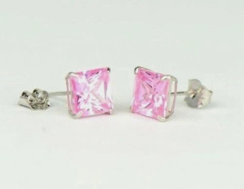 14k White Gold Solid Square Princess Cut Birthstone 6MM CZ Stud Earrings