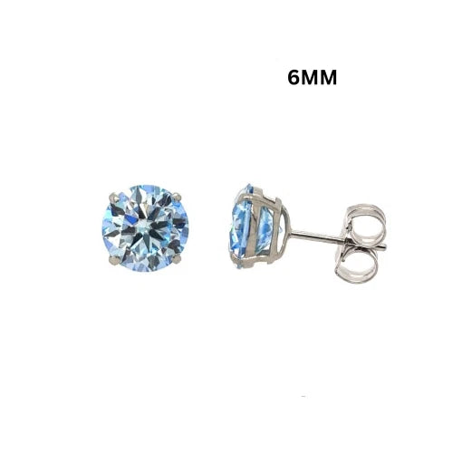 14K Gold GRA Certified D-VVS1 Round Ocean Blue Moissanite PushBack Stud Earrings