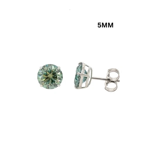 14K Gold GRA Certified D-VVS1 Round Green Moissanite PushBack Studs Earrings