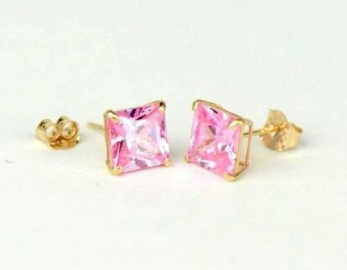 14k Yellow Gold Solid Square Princess Cut Birthstone 6MM CZ Stud Earrings
